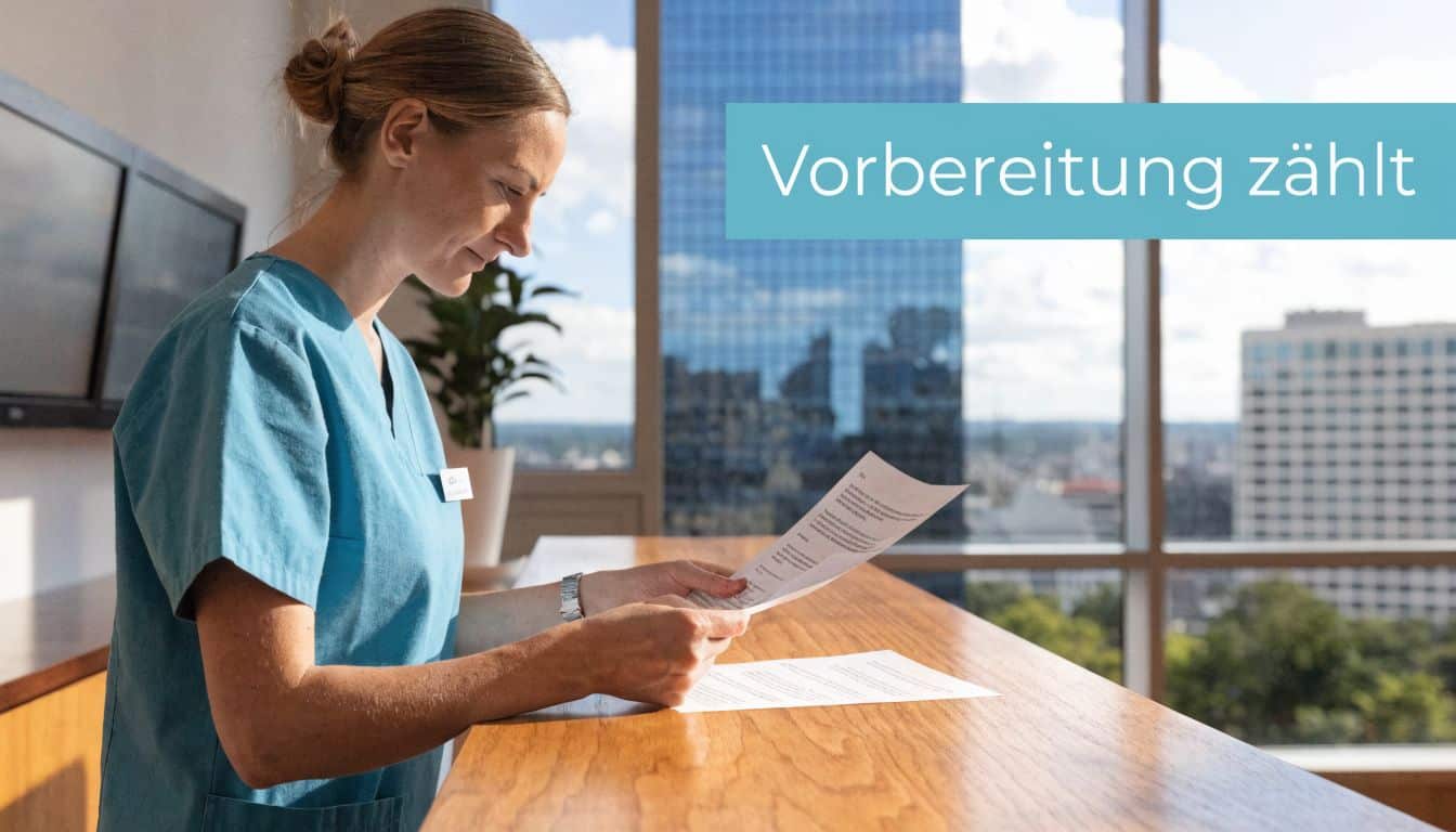 Eine medizinische Fachkraft in blauer Arbeitskleidung liest aufmerksam Dokumente in einem hellen, modernen Büro mit Stadtblick.