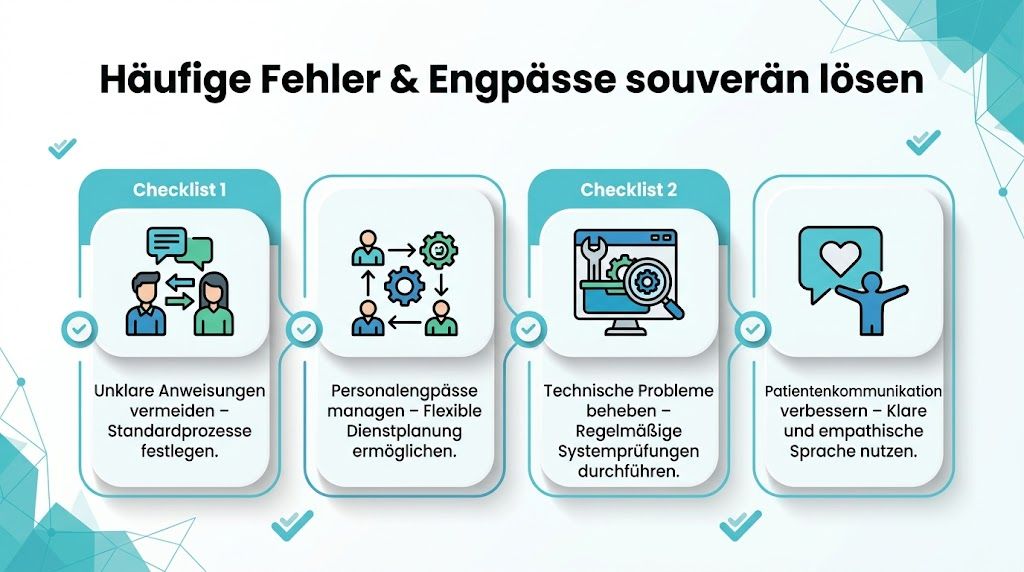 Grafische Darstellung von vier Strategien zur Bewältigung häufiger Fehler und Engpässe in medizinischen oder betrieblichen Abläufen.