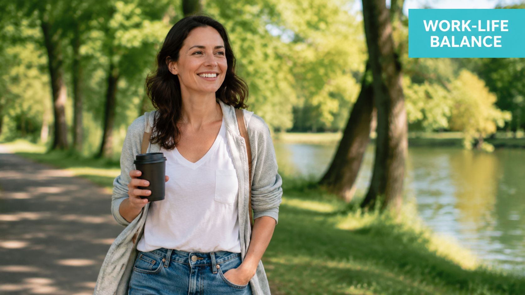 Eine glückliche Frau beim entspannten Spaziergang mit einem Kaffeebecher in einer grünen Parkanlage am Wasser.