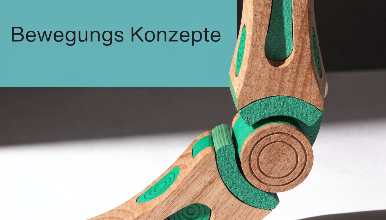 Ein hölzernes Gelenkmodell mit grünen Akzenten, das Bewegungsabläufe veranschaulicht, mit dem Text Bewegungs Konzepte im Hintergrund.