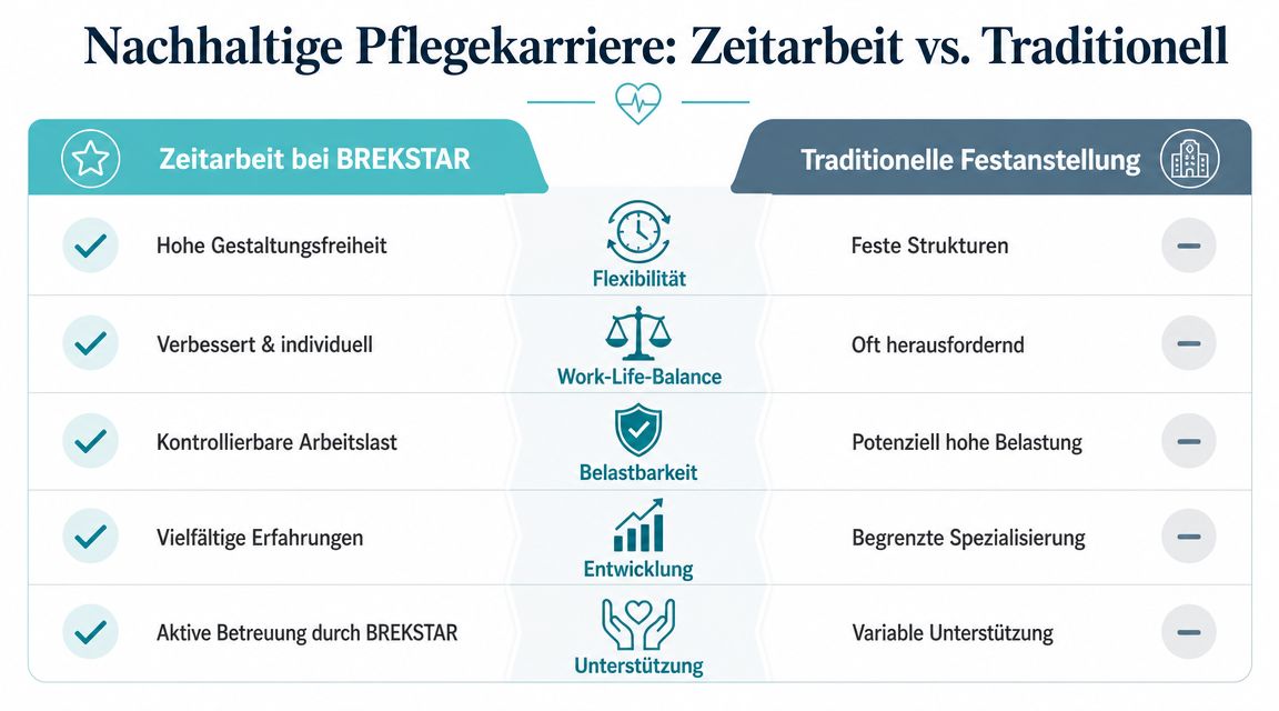Vergleichsgrafik zwischen Zeitarbeit bei BREKSTAR und traditioneller Festanstellung in der Pflege hinsichtlich Flexibilität und Arbeitsbedingungen.