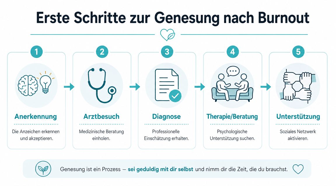 Eine Infografik mit fünf Schritten zur Genesung nach einem Burnout, dargestellt durch Symbole und kurze Erklärungen.