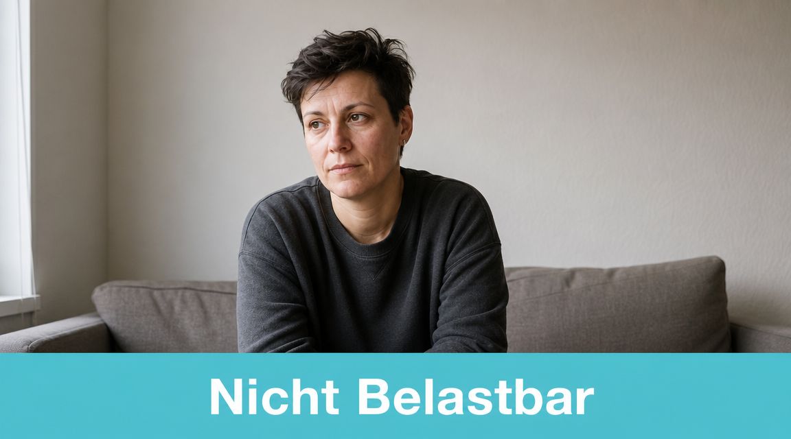 Eine Frau mit kurzem Haar sitzt nachdenklich auf einer Couch und wirkt psychisch erschöpft oder niedergeschlagen.