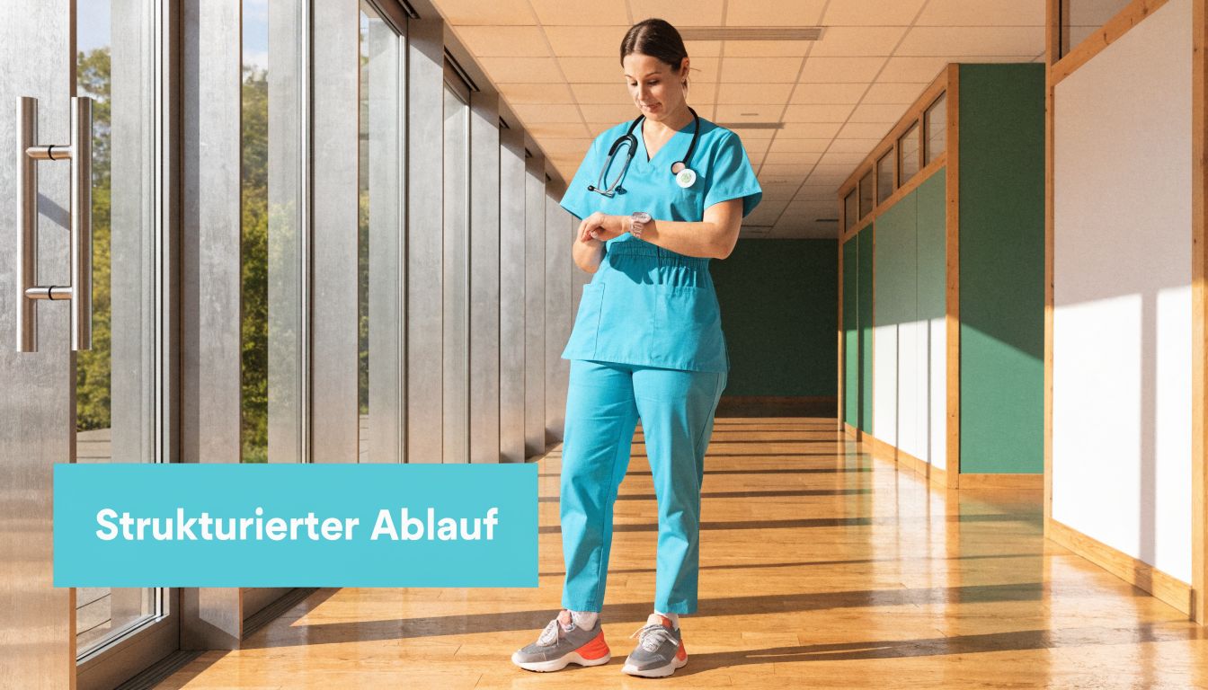 Eine Krankenschwester steht in einem Flur und schaut auf ihre Uhr, neben dem Text Strukturierter Ablauf.