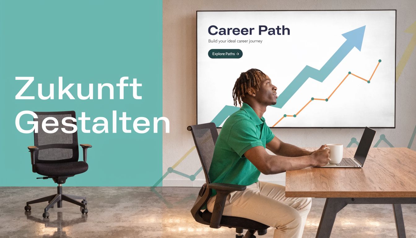 Ein junger Mann sitzt an einem Schreibtisch vor einer Grafik zur Karriereplanung und überlegt seine berufliche Zukunft.