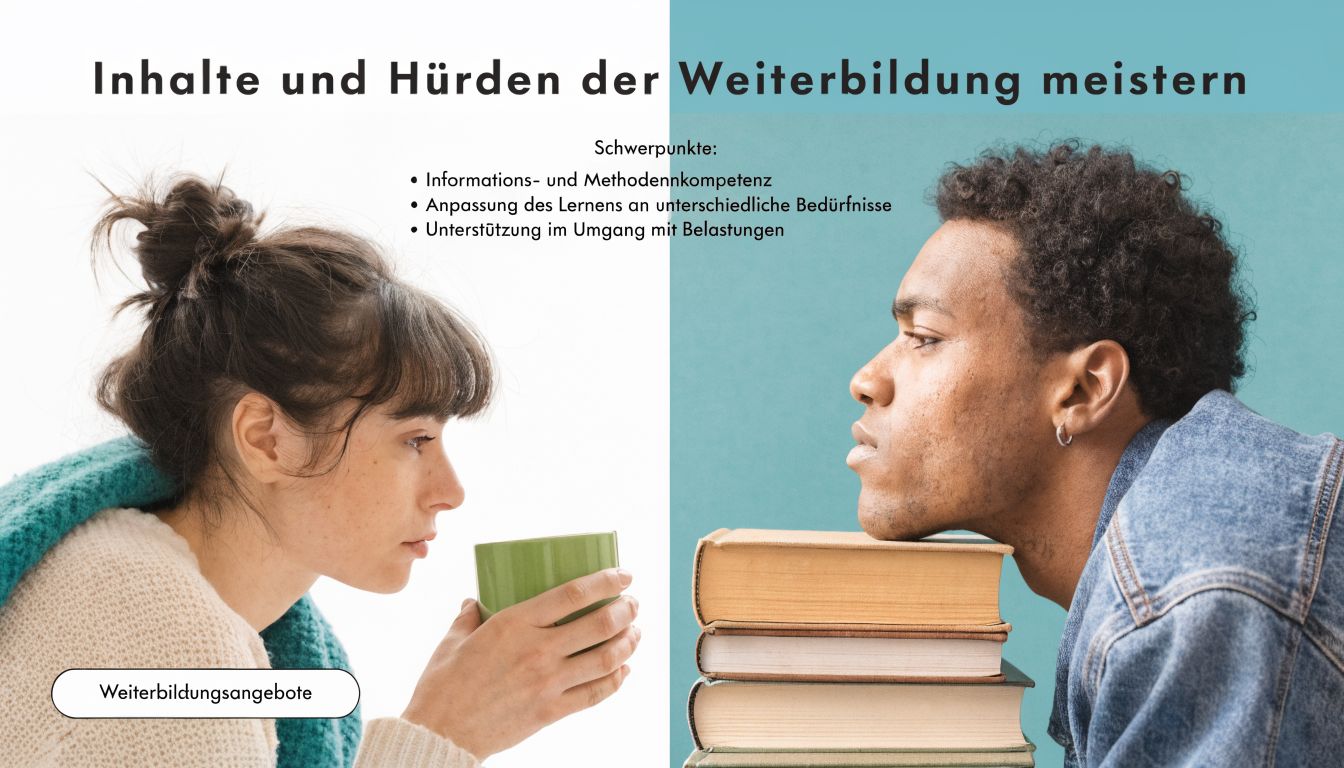 Eine junge Frau mit einer Tasse und ein junger Mann mit Büchern beim Lernen.