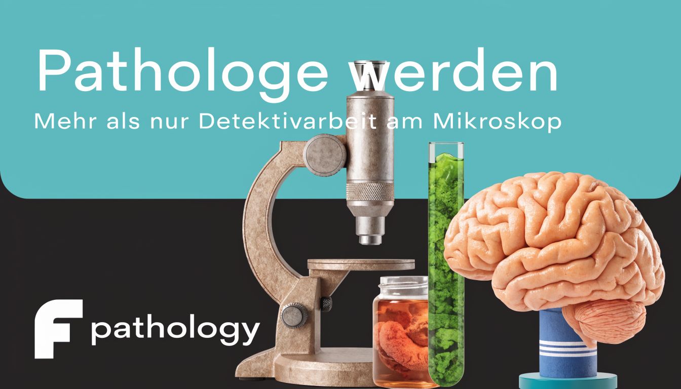 Ein Mikroskop, eine Gehirn-Modell und biologische Proben werben für die Ausbildung zum Pathologen mit detektivischer Arbeit.
