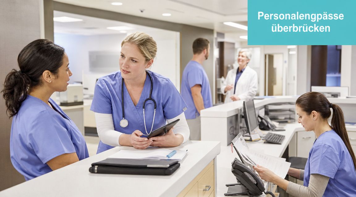 Ein medizinisches Team in einer Klinik bespricht sich an einem Empfangstresen bei der Personalplanung im Krankenhaus.