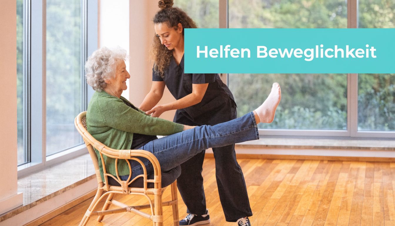 Eine Physiotherapeutin hilft einer älteren Frau bei Dehnübungen und Bewegungstherapie auf einem Stuhl in einem hellen Raum.