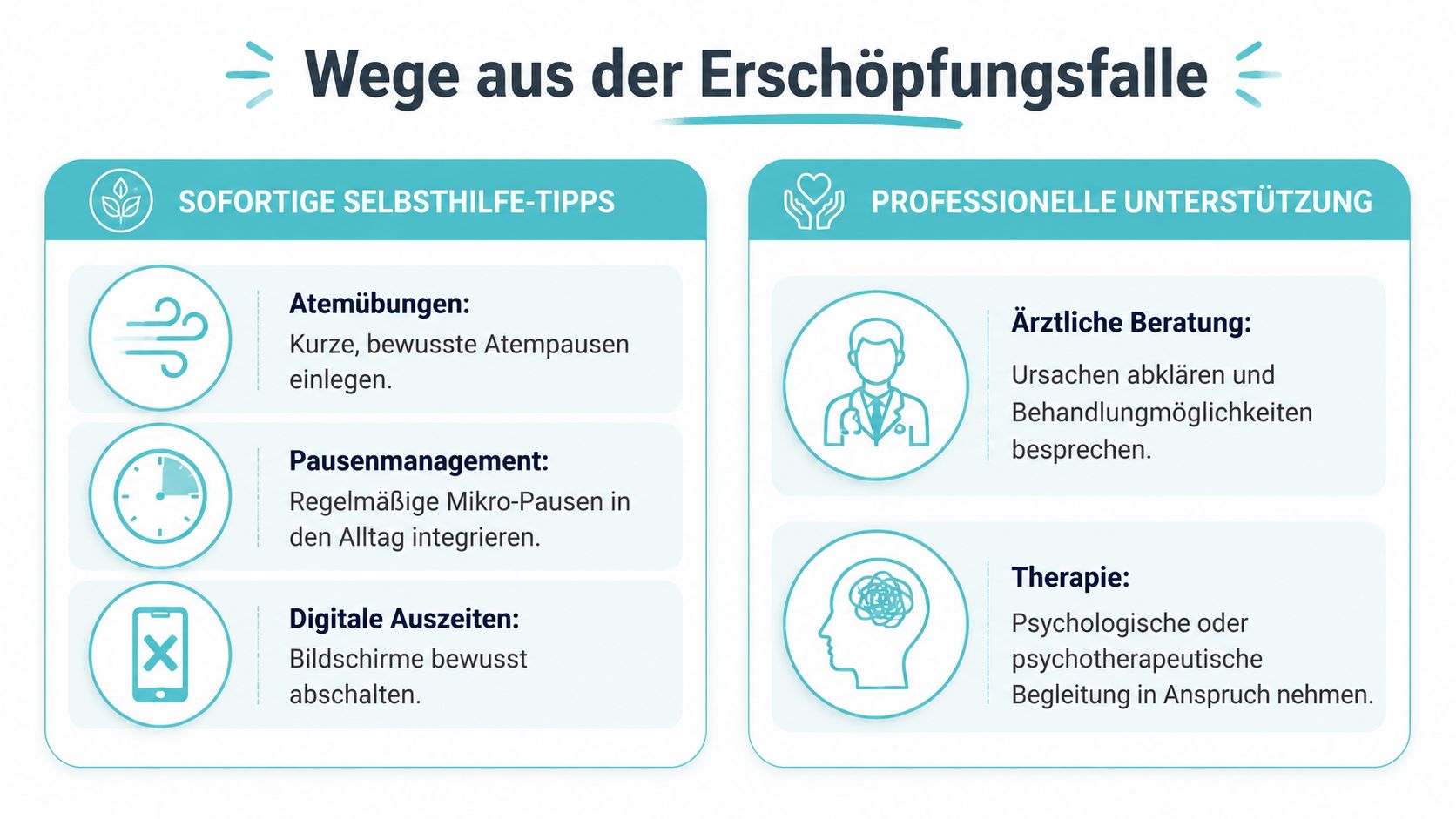 Eine Infografik mit Tipps und professioneller Unterstützung zur Überwindung von psychovegetativer Erschöpfung durch Pausen und ärztliche Beratung.