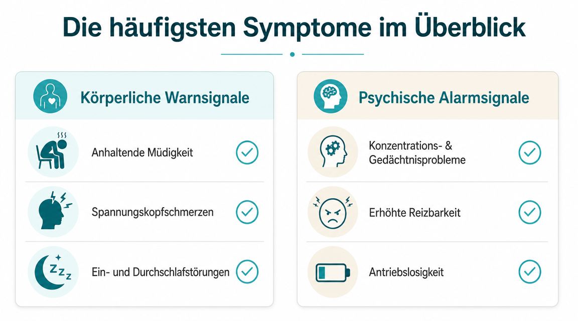 Übersicht der häufigsten körperlichen und psychischen Warnsignale bei Anzeichen einer psychovegetativen Erschöpfung oder Burnout.