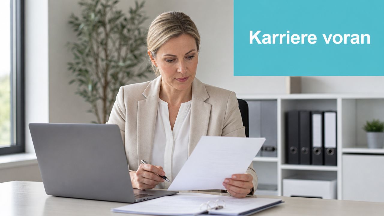 Eine professionelle Frau im Büro bearbeitet Dokumente am Laptop, um ihre berufliche Karriere aktiv voranzutreiben.
