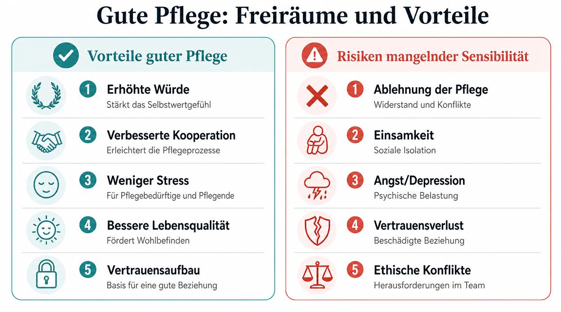 Grafik über Vorteile guter Pflege und die Risiken mangelnder Sensibilität im pflegerischen Kontext gegenüber hilfsbedürftigen Menschen.