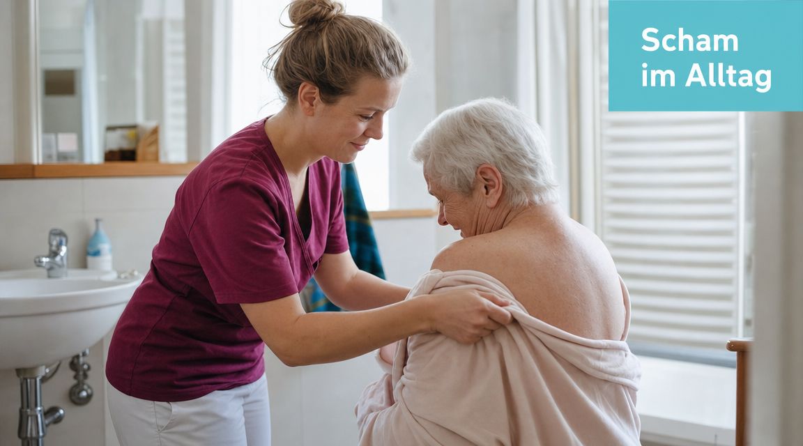 Eine Pflegekraft hilft einer älteren Dame beim Anziehen eines Morgenmantels im Badezimmer in einer respektvollen Situation.