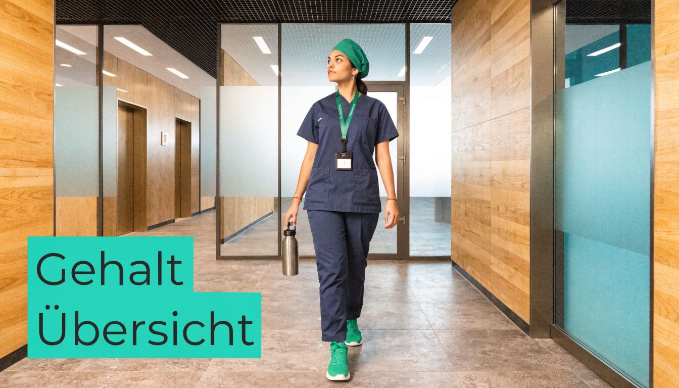Eine junge medizinische Fachkraft in blauer Arbeitskleidung geht durch einen modernen Krankenhausflur mit einem türkisfarbenen Hinweistext.