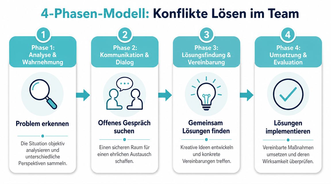 Ein 4-Phasen-Modell zur Konfliktlösung im Team, dargestellt in einem grafischen Prozessablauf mit vier klaren Schritten.