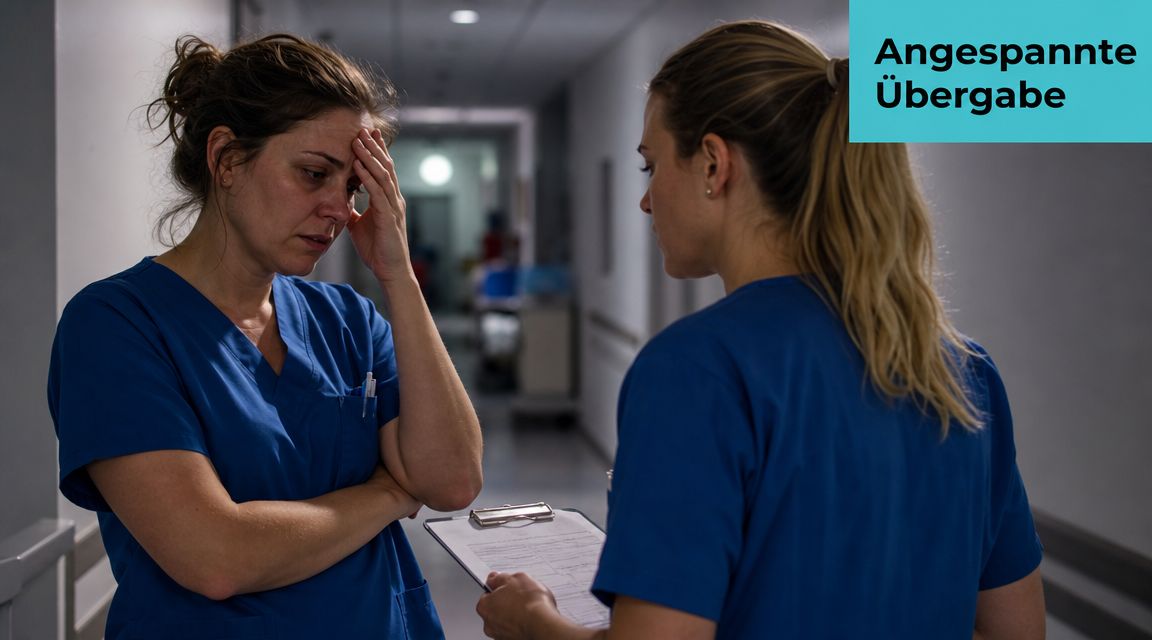 Zwei erschöpfte Krankenschwestern führen eine schwierige Kommunikation bei der Übergabe im Krankenhausflur.