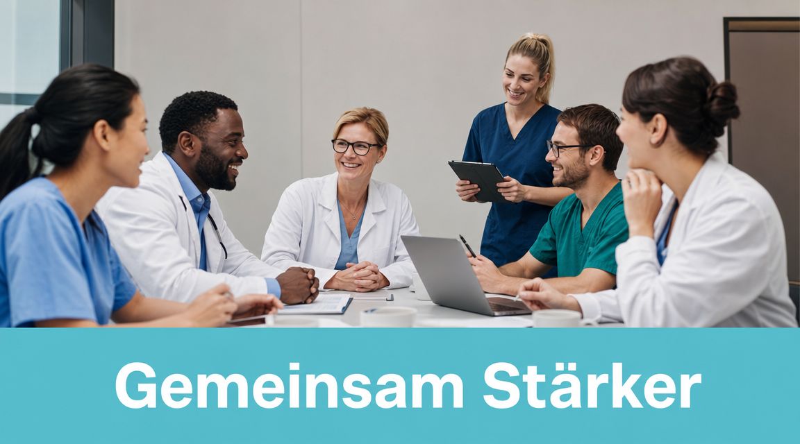 Ein diverses Team von medizinischem Fachpersonal bei einer produktiven Besprechung an einem Konferenztisch im Krankenhaus.