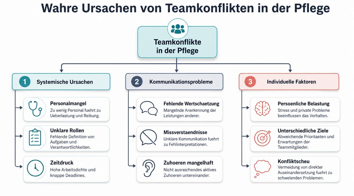 Übersichtsgrafik der drei Hauptursachen für Teamkonflikte im Pflegebereich: Systemische Probleme, Kommunikationsfehler und individuelle Faktoren der Mitarbeiter.