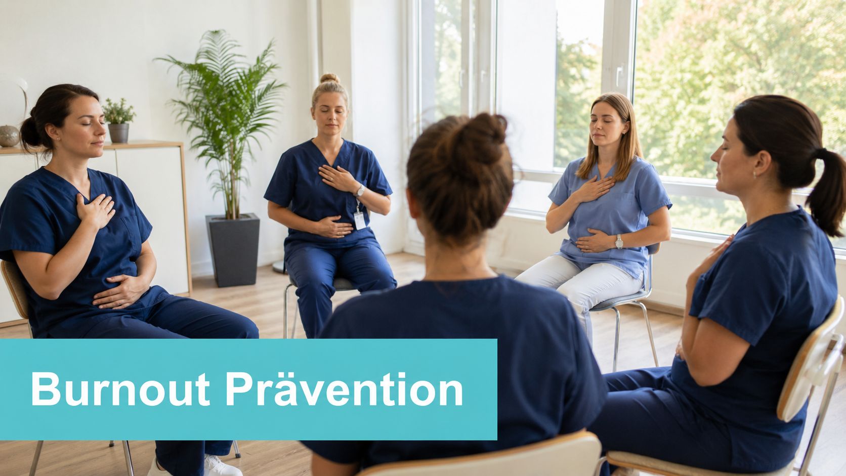 Eine Gruppe von Pflegekräften sitzt in einem Kreis und praktiziert gemeinsam Achtsamkeitsübungen zur Burnout-Prävention im Krankenhaus.
