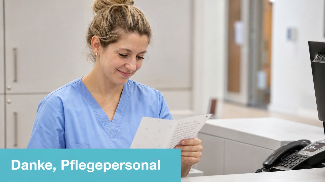 Eine freundliche Krankenschwester liest lächelnd eine handgeschriebene Dankeskarte an einem Empfangstresen in einem modernen Krankenhaus.