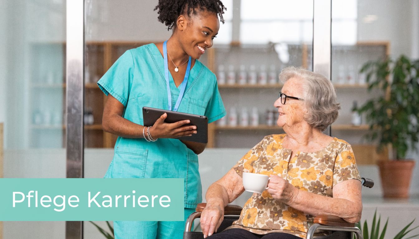 Eine junge Pflegekraft spricht freundlich mit einer älteren Dame, die in einem Rollstuhl sitzt und Kaffee trinkt.
