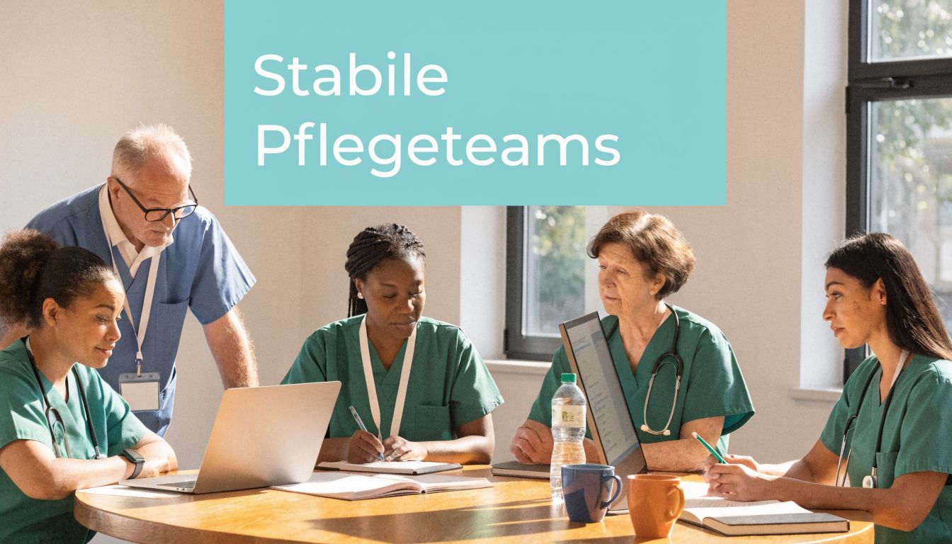Ein diverses Team von Pflegekräften bespricht gemeinsam Unterlagen an einem runden Holztisch in einem hellen Büro.
