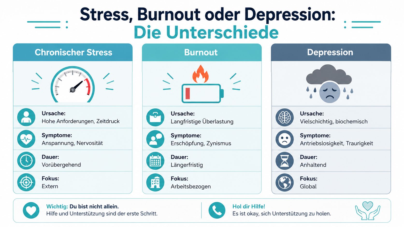 Vergleichsgrafik zwischen chronischem Stress, Burnout und Depression mit Ursachen, Symptomen, Dauer und Fokus in deutscher Sprache.