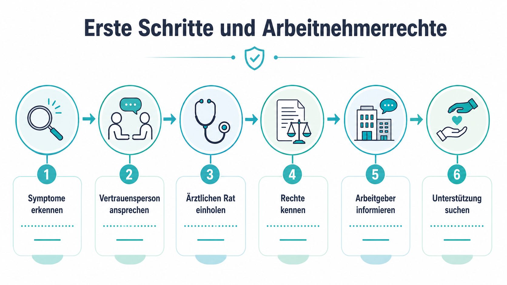 Eine Infografik, die sechs Schritte zur Bewältigung von krankmachenden Arbeitsbedingungen und die Wahrung von Arbeitnehmerrechten übersichtlich darstellt.