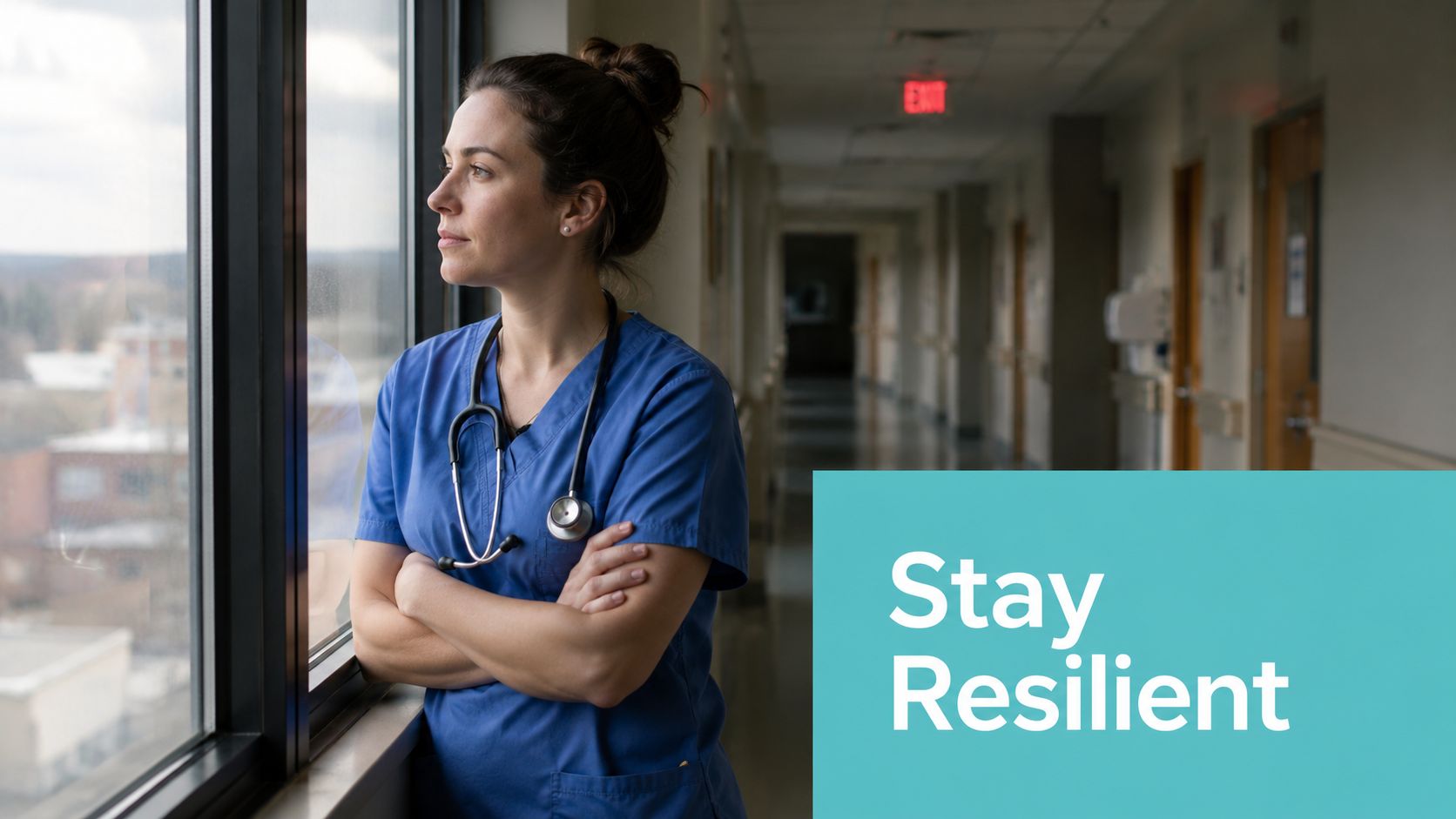 Eine Krankenschwester schaut nachdenklich aus einem Fenster in einem Krankenhausflur mit der Aufschrift Stay Resilient.