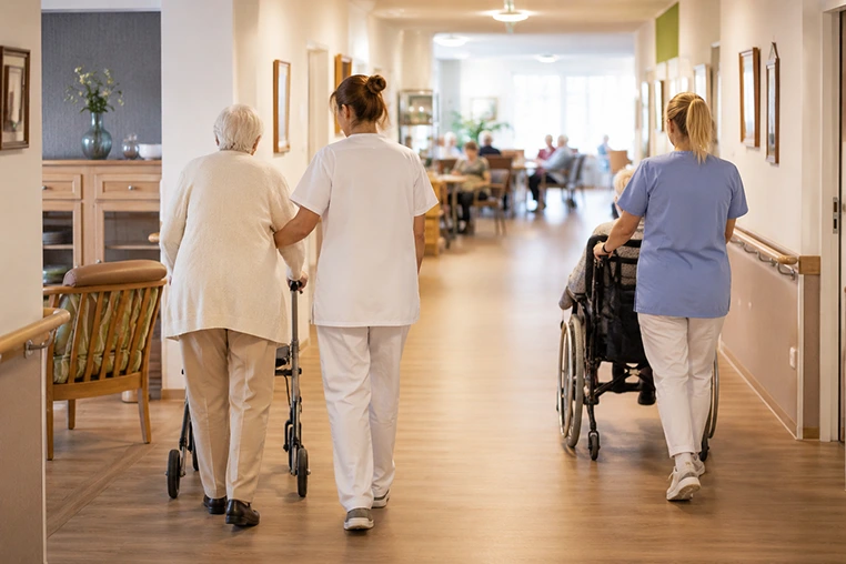 Pflegekraft begleitet eine ältere Bewohnerin mit Rollator in einer Senioreneinrichtung.