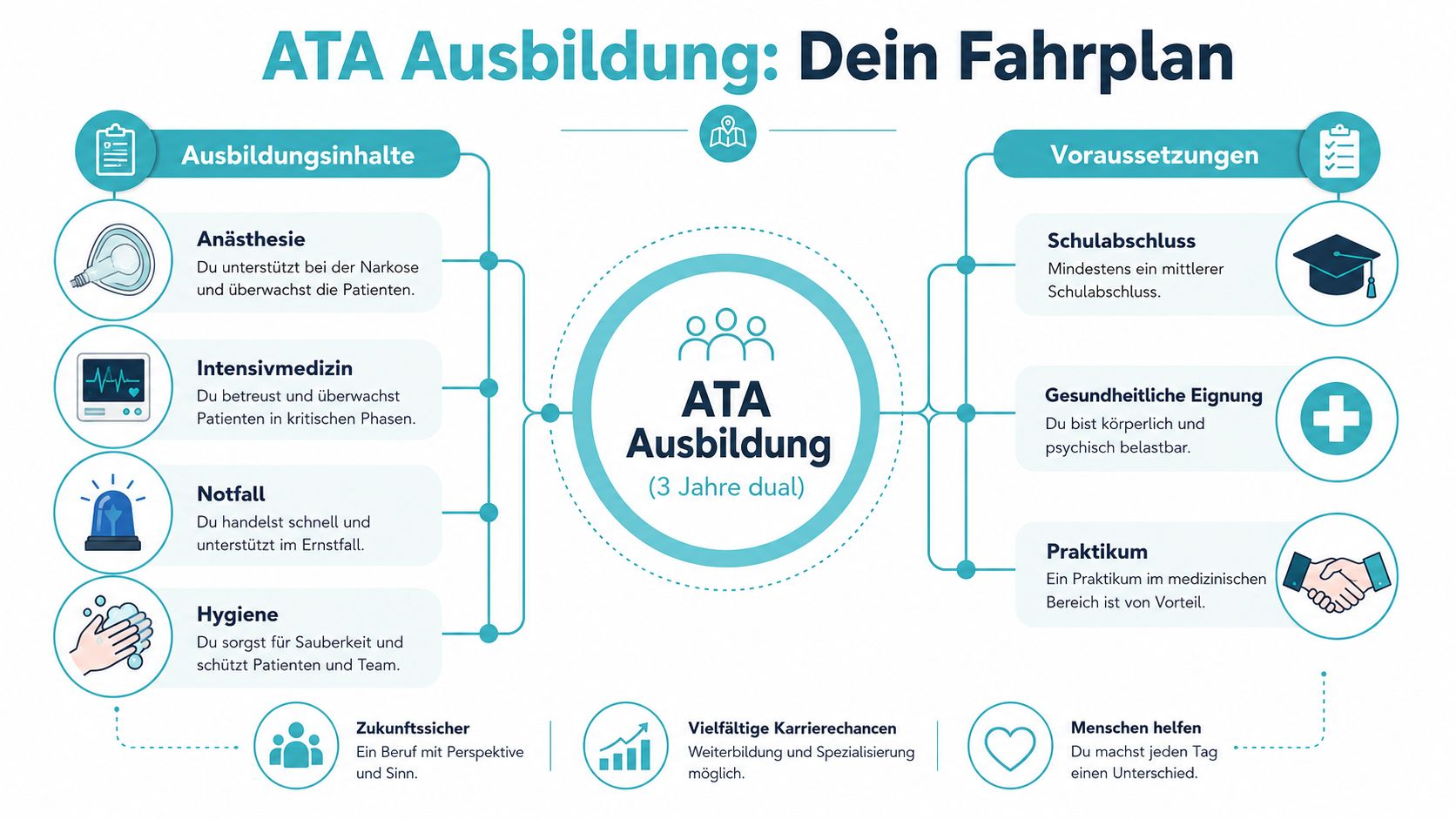 Informationsgrafik zur ATA-Ausbildung mit Ausbildungsinhalten, Voraussetzungen und den Vorteilen des Berufs als Anästhesietechnischer Assistent.