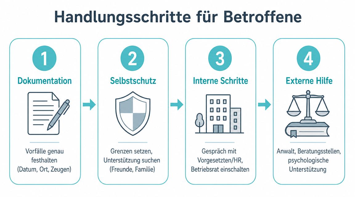 Eine Infografik mit vier Handlungsschritten für Betroffene von Mobbing am Arbeitsplatz, von Dokumentation bis zu externer Hilfe.
