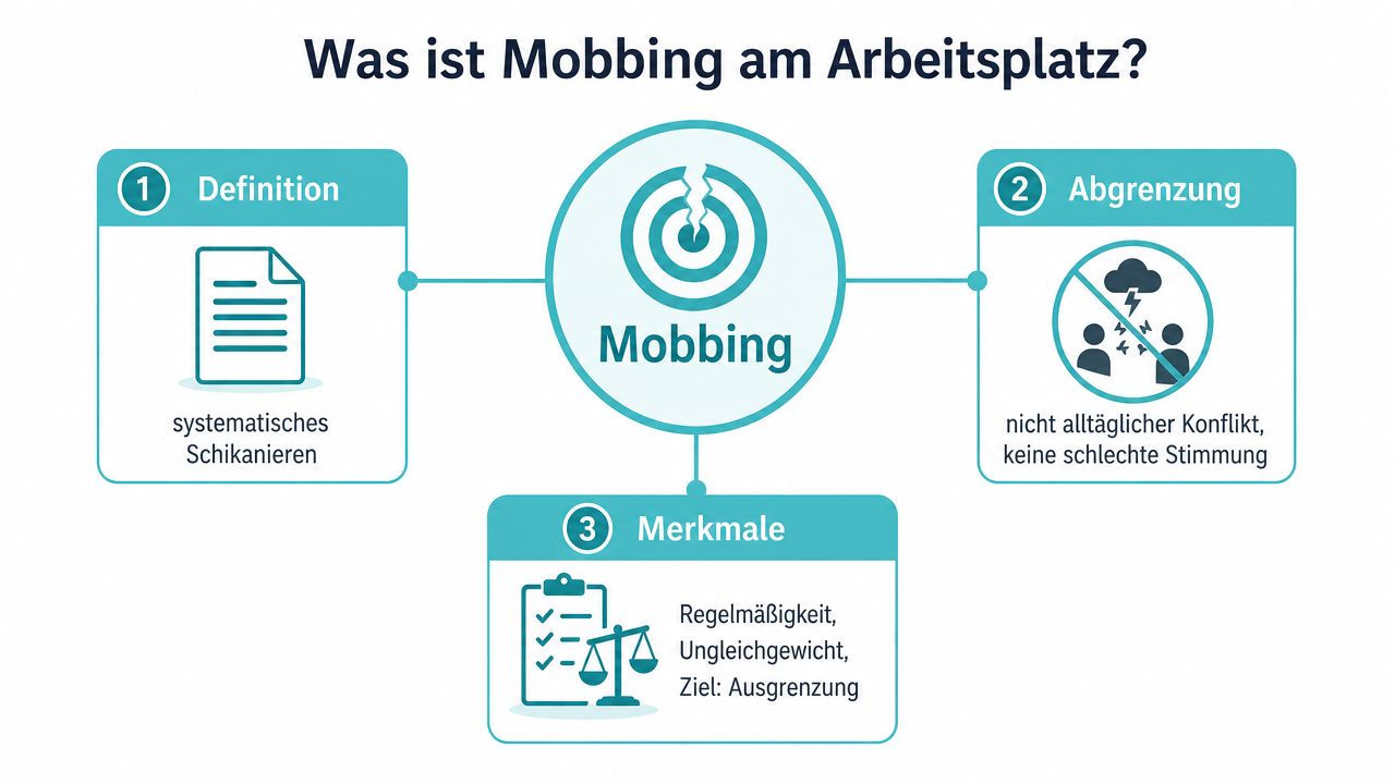 Eine Infografik mit dem Titel Was ist Mobbing am Arbeitsplatz, die Definition, Abgrenzung und Merkmale erklärt.