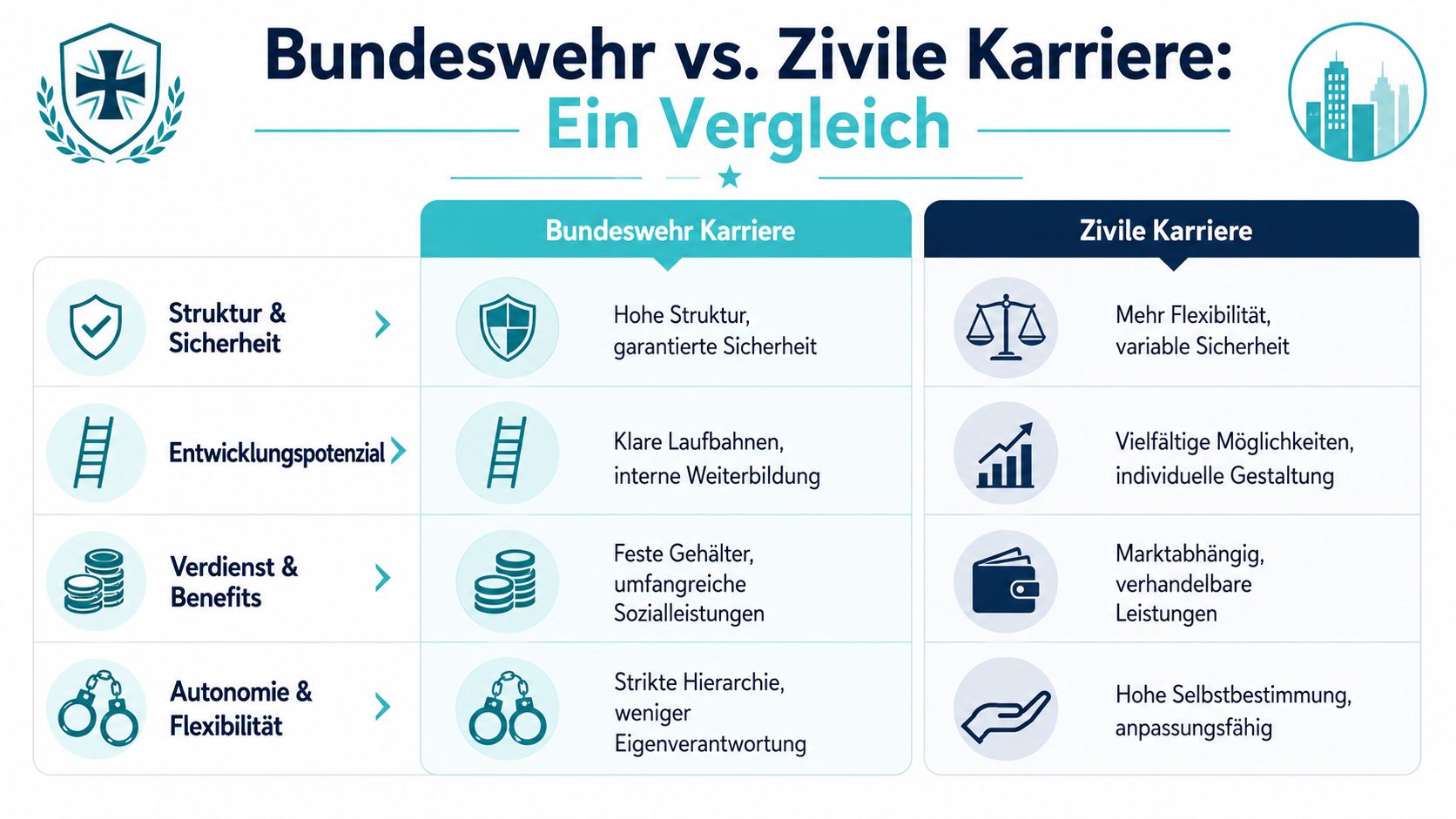 Ein grafischer Vergleich der Vor- und Nachteile zwischen einer beruflichen Laufbahn bei der Bundeswehr und in der zivilen Wirtschaft.