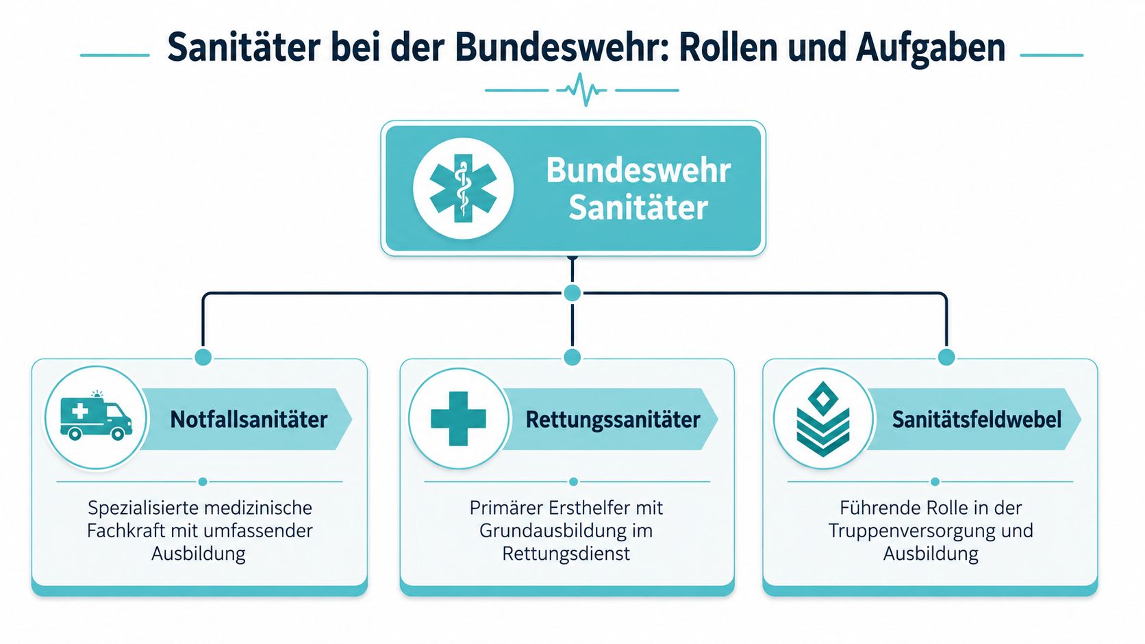 Ein strukturiertes Diagramm, das die Rollen und Aufgaben der Sanitäter bei der Bundeswehr übersichtlich darstellt.