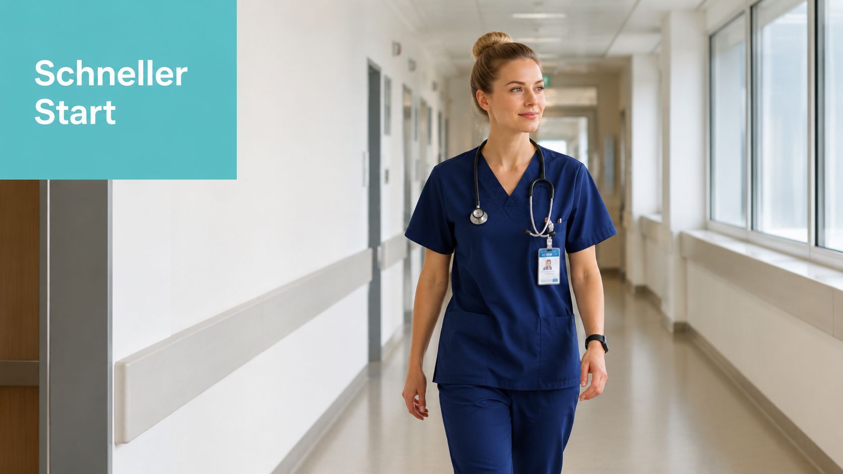 Eine professionelle Krankenschwester läuft lächelnd durch einen hellen Krankenhausflur mit einem Stethoskop um den Hals.