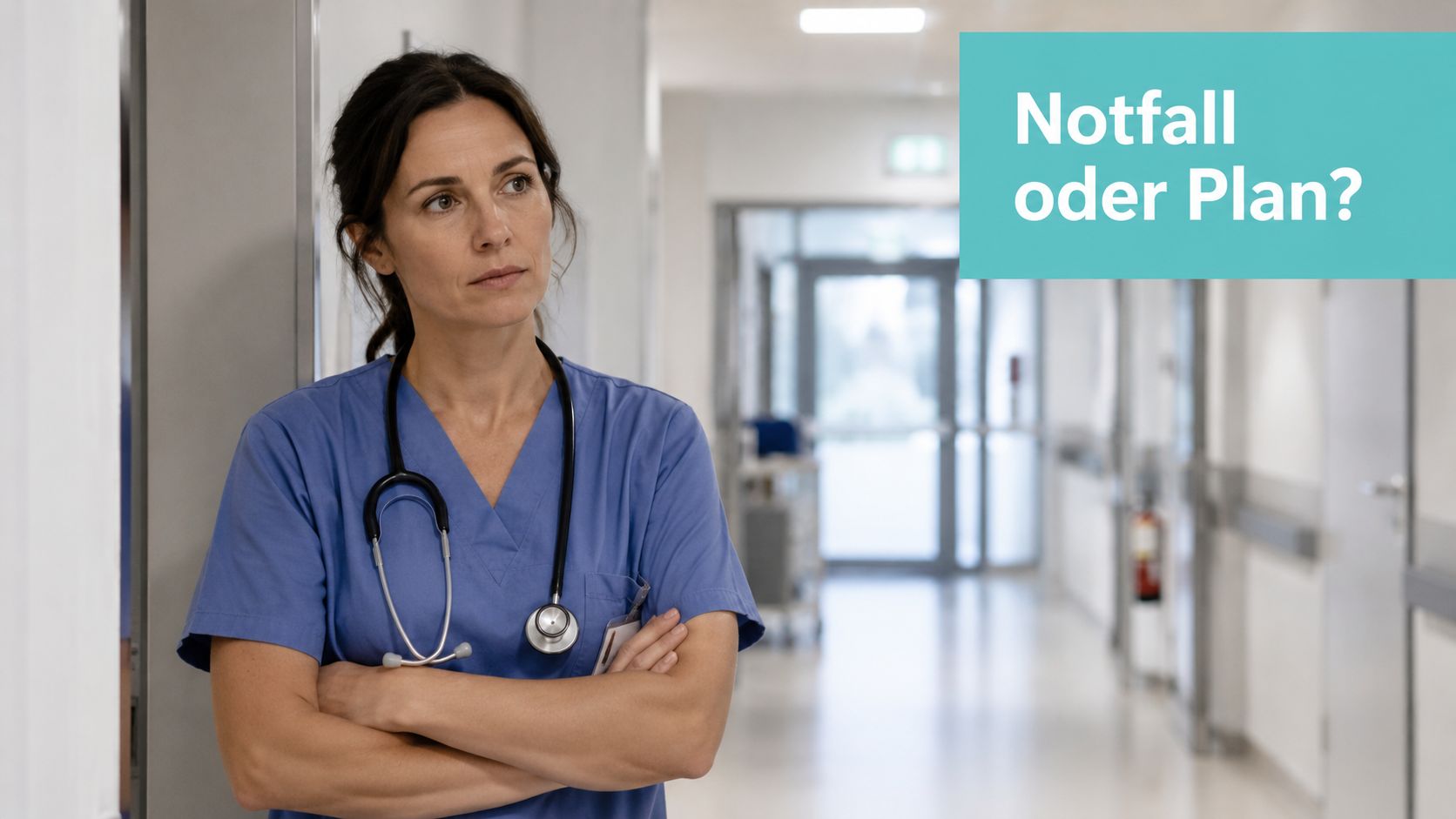 Eine nachdenkliche Krankenschwester steht mit verschränkten Armen auf einem Krankenhausflur, während der Text Notfall oder Plan steht.