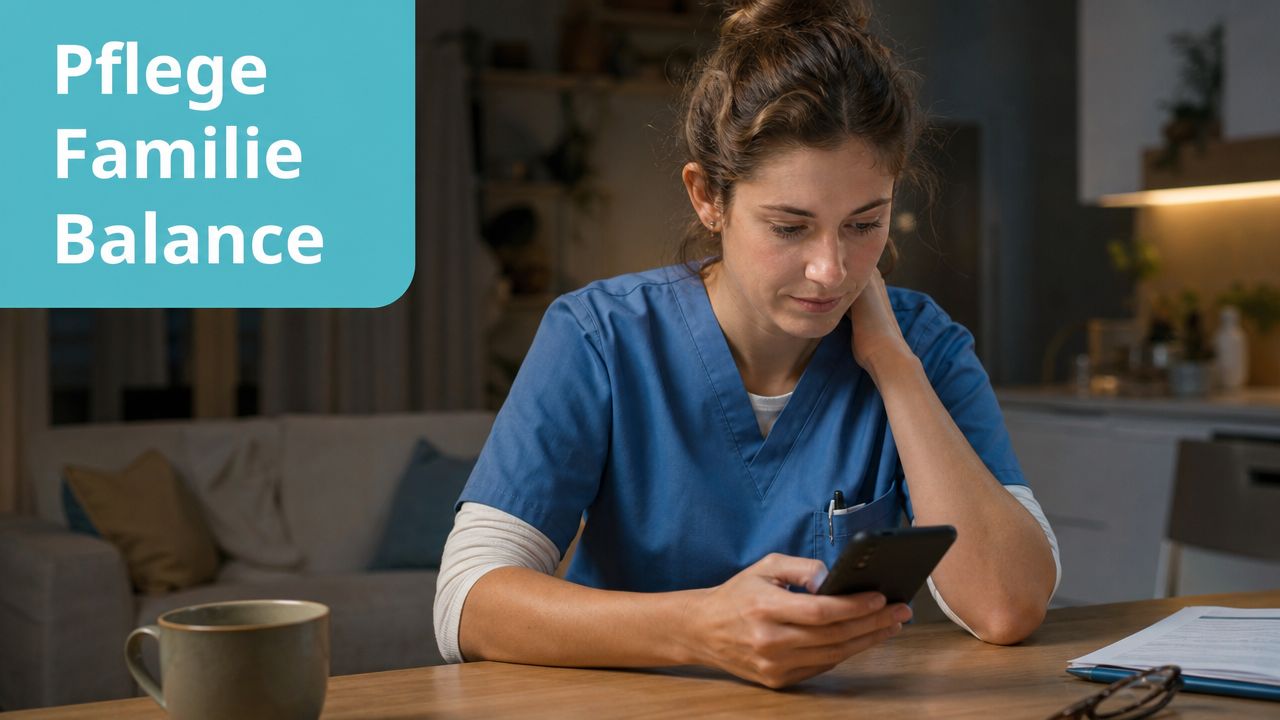 Eine erschöpfte Pflegekraft sitzt zu Hause am Tisch und schaut nach ihrer Schicht auf ihr Smartphone.