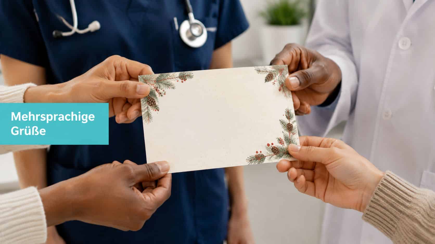 Medizinisches Fachpersonal hält gemeinsam eine weihnachtlich gestaltete Grußkarte für Patienten in einer Arztpraxis in die Kamera.