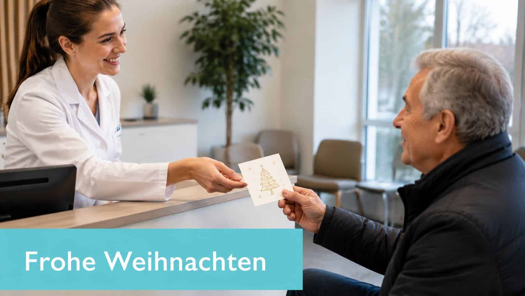Eine freundliche Mitarbeiterin in einer Arztpraxis überreicht einem älteren Patienten eine weihnachtliche Grußkarte mit einem Tannenbaum-Motiv.