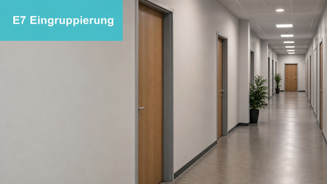Ein langer, leerer Büroflur mit Holztüren an den Seiten und einer leuchtenden Deckenbeleuchtung.