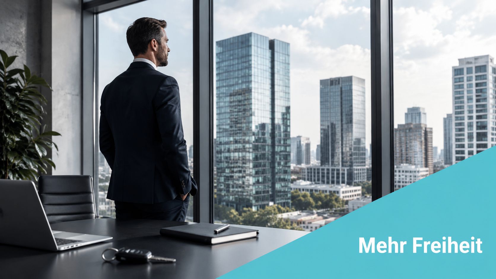 Ein Geschäftsmann steht an einem Bürofenster und schaut auf eine Skyline, neben ihm liegt ein Laptop.