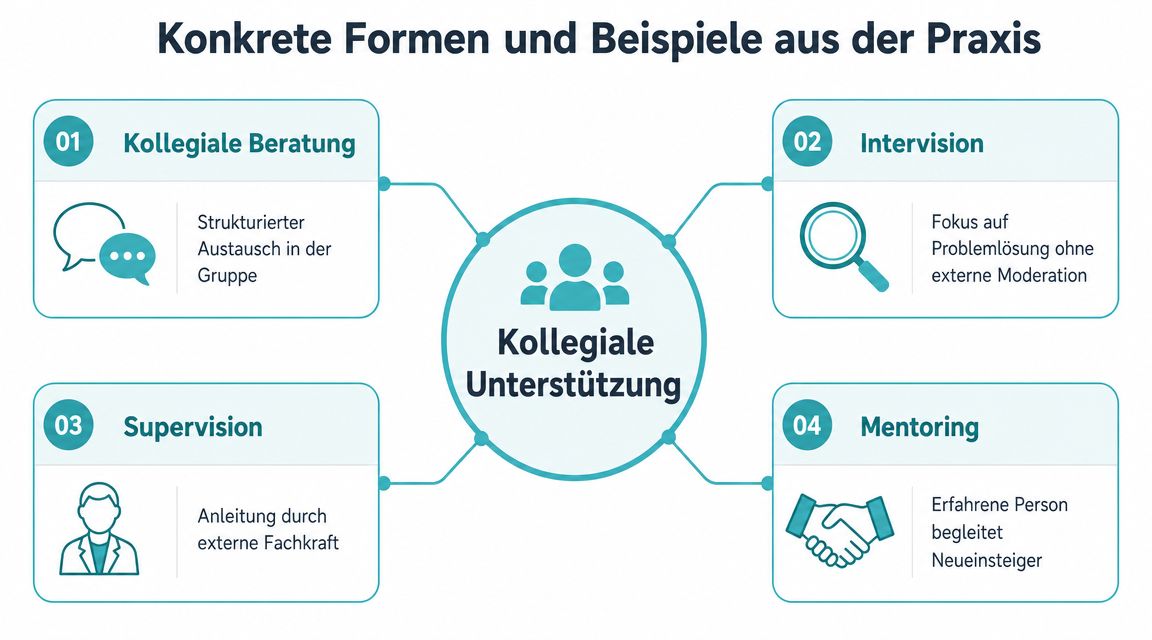 Eine Übersichtsgrafik zeigt vier Formen kollegialer Unterstützung: Kollegiale Beratung, Intervision, Supervision und Mentoring in der beruflichen Praxis.