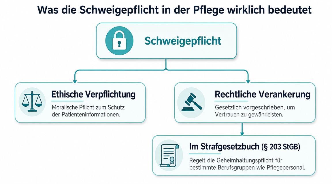 Ein Flussdiagramm, das die ethische und rechtliche Bedeutung der Schweigepflicht in der professionellen Pflege veranschaulicht.