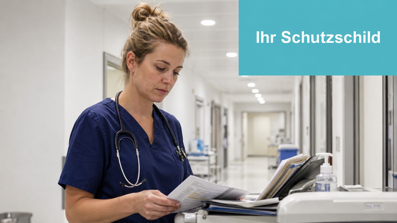 Eine Krankenschwester im blauen Arbeitskittel betrachtet konzentriert Unterlagen in einem hellen Flur eines Krankenhauses.