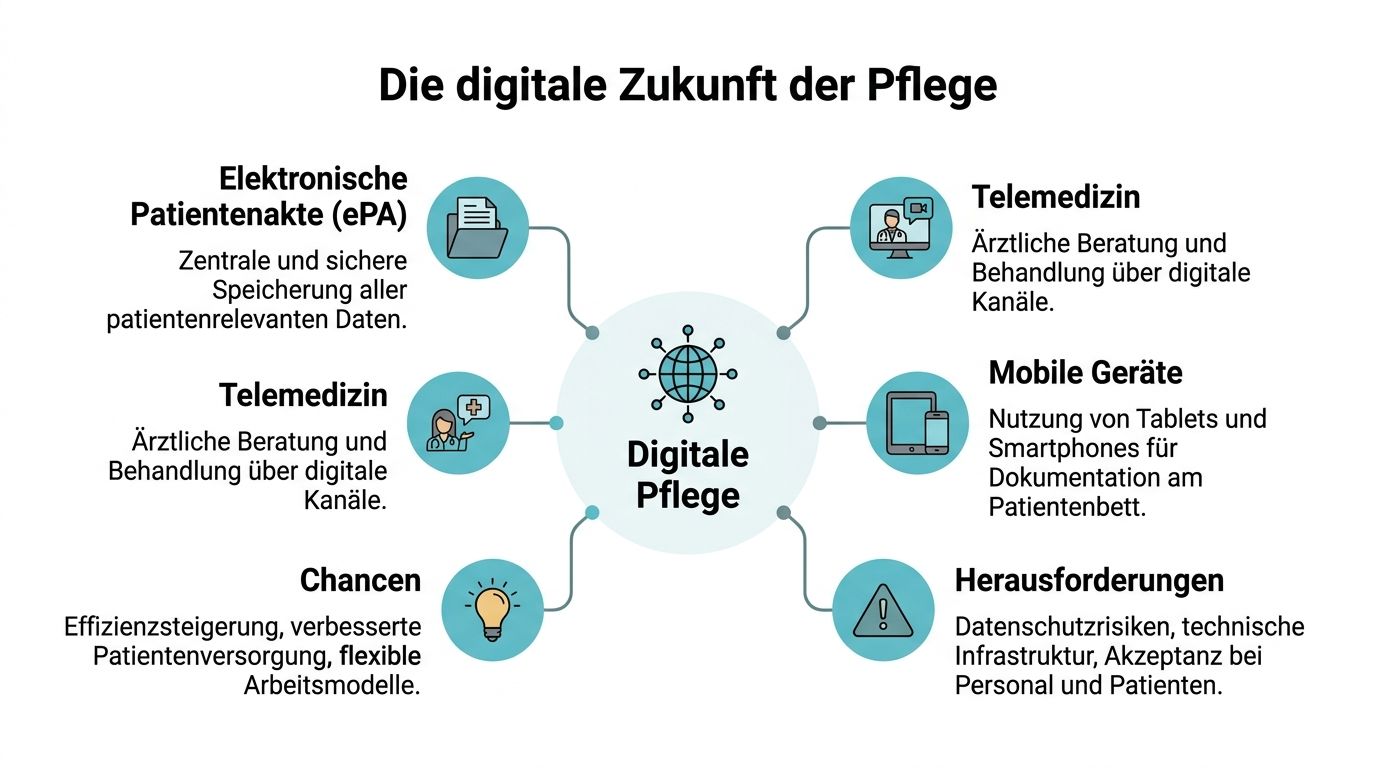 Eine Infografik zur digitalen Zukunft der Pflege mit Aspekten wie ePA, Telemedizin, mobilen Geräten, Chancen und Herausforderungen.