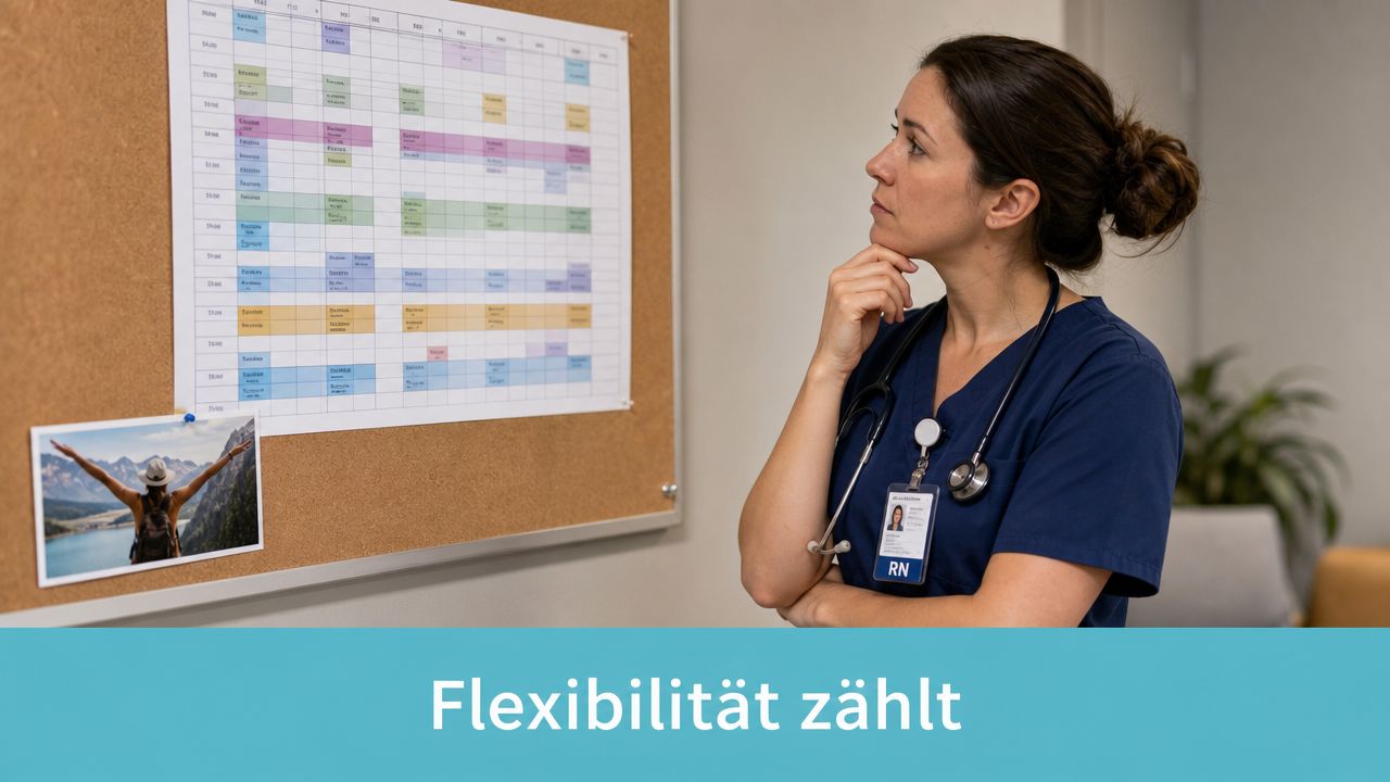 Eine Krankenschwester steht nachdenklich vor einem Dienstplan an einer Pinnwand und plant ihren Arbeitsalltag effizient.