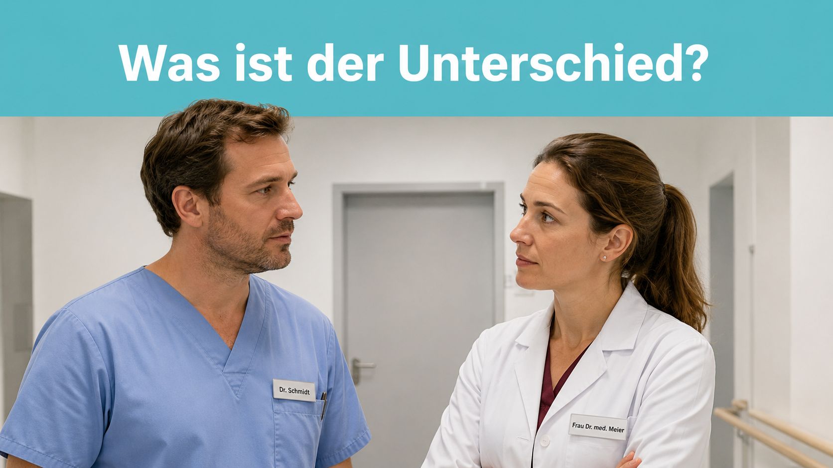 Ein männlicher Arzt in blauer OP-Kleidung und eine Ärztin in weißem Kittel stehen sich in einem Krankenhaus gegenüber.