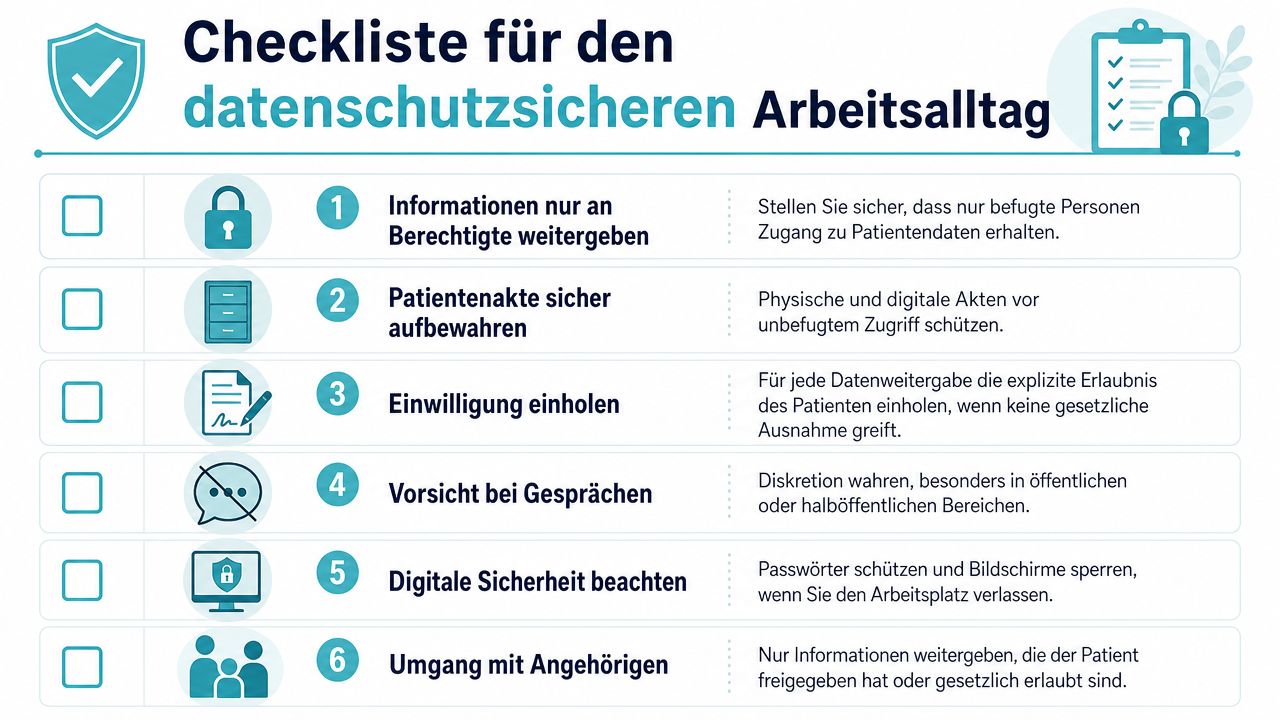 Eine Checkliste für den datenschutzsicheren Arbeitsalltag in der Pflege mit sechs wichtigen Regeln zum Patientendatenschutz.
